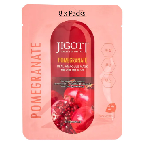 Jigott Pomegranate Extract Ampoule Sheet Mask 27ml Korean Cotton Face Mask x 8