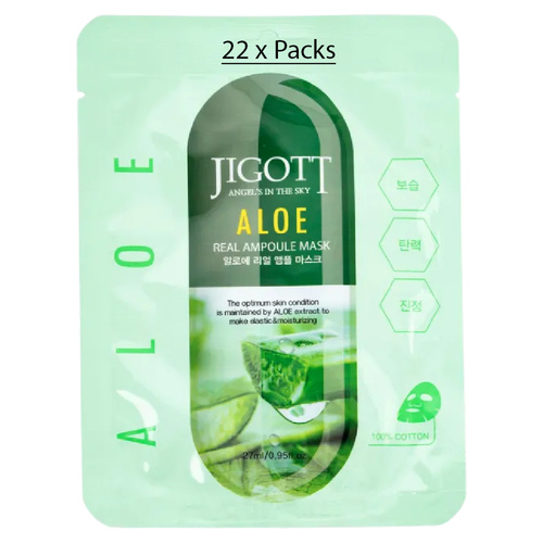 Jigott Aloe Vera Extract Ampoule Sheet Mask 27ml Korean Cotton Face Mask x 22
