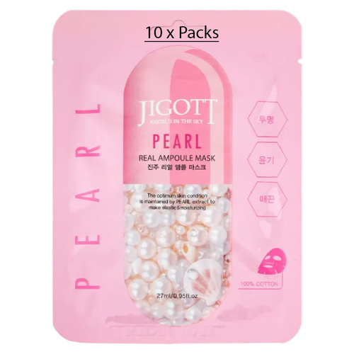 Jigott Pearl Extract Ampoule Sheet Mask 27ml Korean Cotton Face Mask x 10