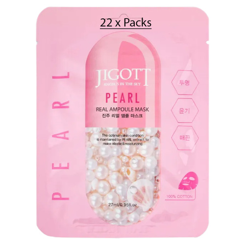 Jigott Pearl Extract Ampoule Sheet Mask 27ml Korean Cotton Face Mask x 22