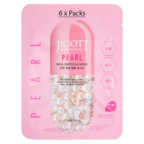 Jigott Pearl Extract Ampoule Sheet Mask 27ml Korean Cotton Face Mask x 6
