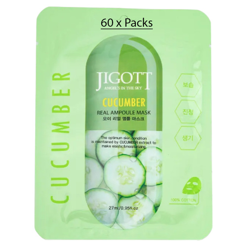 Jigott Cucumber Extract Ampoule Sheet Mask 27ml Korean Cotton Face Mask x 60