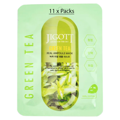 Jigott Green Tea Extract Sheet Mask 27ml Korean Cotton Hydrating Face Mask x 11