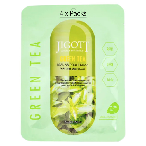 Jigott Green Tea Extract Sheet Mask 27ml Korean Cotton Hydrating Face Mask x 4