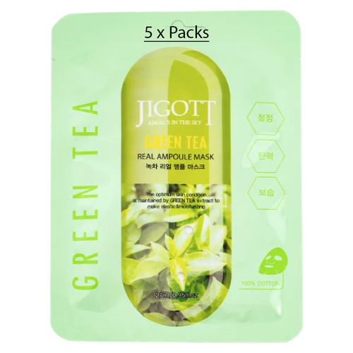 Jigott Green Tea Extract Sheet Mask 27ml Korean Cotton Hydrating Face Mask x 5