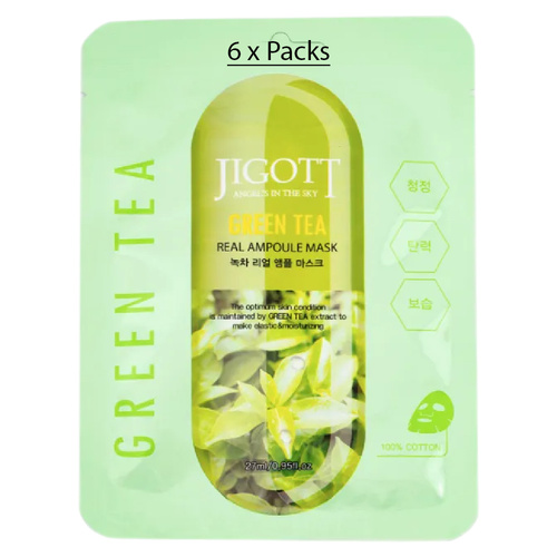 Jigott Green Tea Extract Sheet Mask 27ml Korean Cotton Hydrating Face Mask x 6