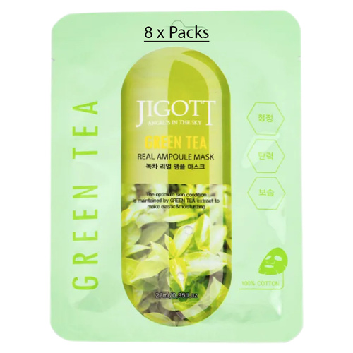 Jigott Green Tea Extract Sheet Mask 27ml Korean Cotton Hydrating Face Mask x 8