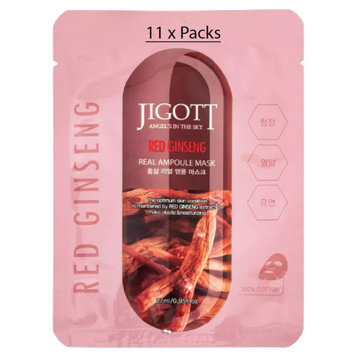 Jigott Red Ginseng Extract Sheet Mask 27ml Korean Cotton Anti Aging Face Mask x 11