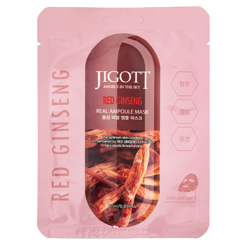 Jigott Korean Sheet Face Mask Red Ginseng Extract 27ml 100% Cotton Ampoule Mask