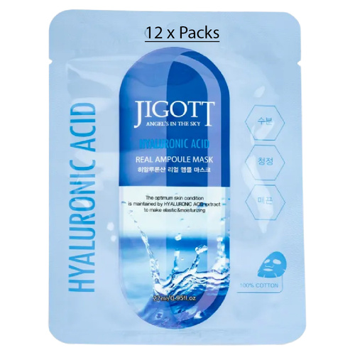 Jigott Hyaluronic Acid Sheet Mask 27ml Korean Cotton Hydrating Face Mask x 12