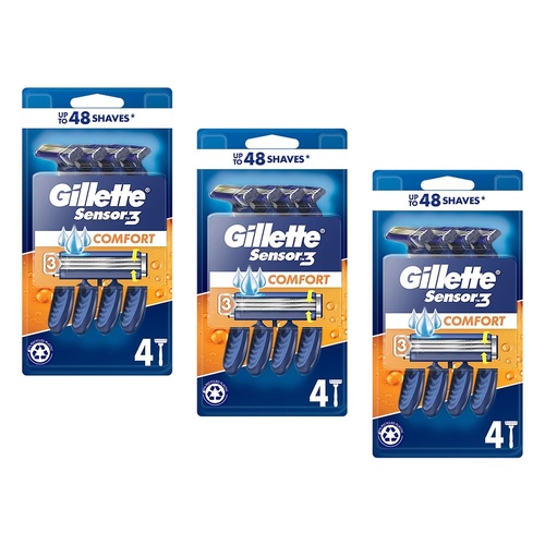 Gillette Sensor3 Comfort Disposable Razors 4 Pack Bundle of 3