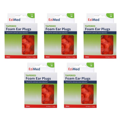 Ezy Dose Tapered Foam Ear Plugs 10 Pair + Case, 10 Pack x 6 Bundle of 5