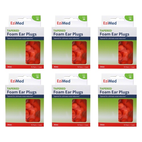 Ezy Dose Tapered Foam Ear Plugs 10 Pair + Case, 10 Pack x 6 Bundle of 6