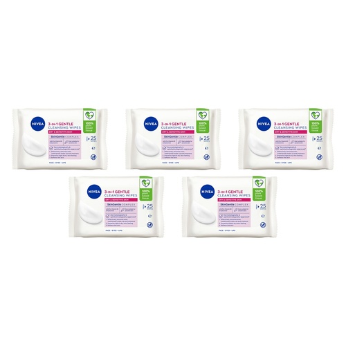 NIVEA 3-in-1 Gentle Biodegradable Cleansing 25 Wipes Pack of 5