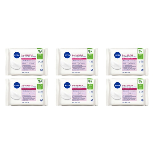 NIVEA 3-in-1 Gentle Biodegradable Cleansing 25 Wipes Pack of 6