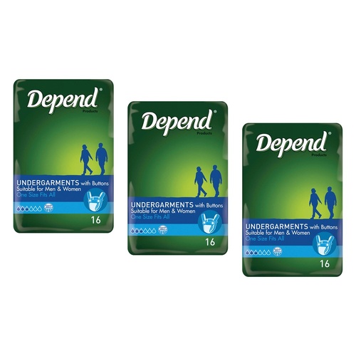 Depend Undergarment with Buttons 16 Pack x 4 Bundle of 3