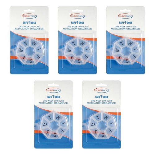 SurgiPack Safe-T-Dose Weekly Round Pill Organiser Pack of 5