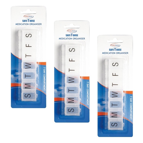 SurgiPack Safe-T-Dose 7 Day 1 Compartment Pill Organiser Pack of 3