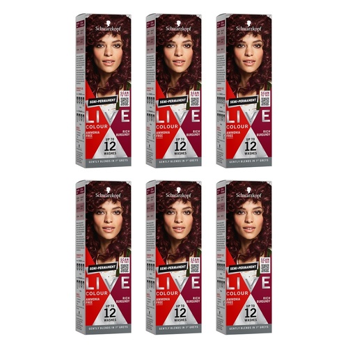 Schwarzkopf LIVE Colour Rich Burgundy Semi-Permanent Hair Colour 75mL Pack of 6