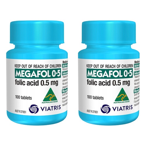 Megafol Folic Acid 0.5mg Tablets, 100 Count Bottle Pack of 2