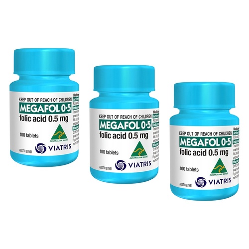 Megafol Folic Acid 0.5mg Tablets, 100 Count Bottle Pack of 3