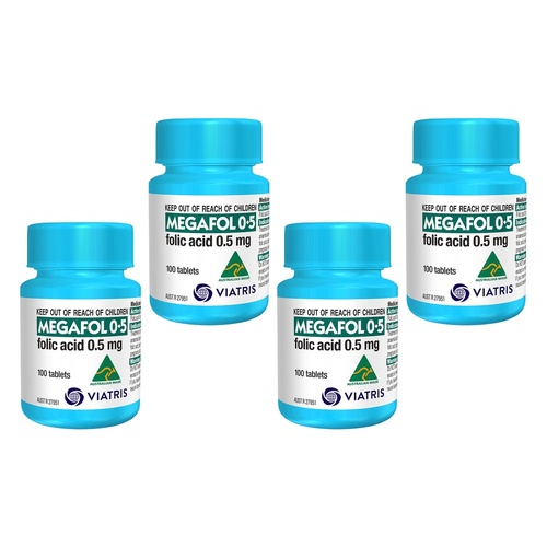 Megafol Folic Acid 0.5mg Tablets, 100 Count Bottle Pack of 4