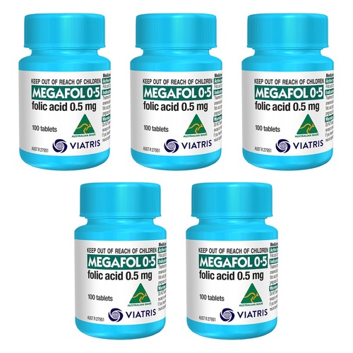 Megafol Folic Acid 0.5mg Tablets, 100 Count Bottle Pack of 5