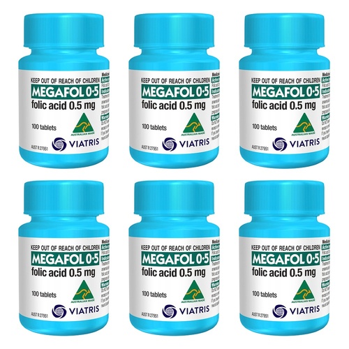 Megafol Folic Acid 0.5mg Tablets, 100 Count Bottle Pack of 6