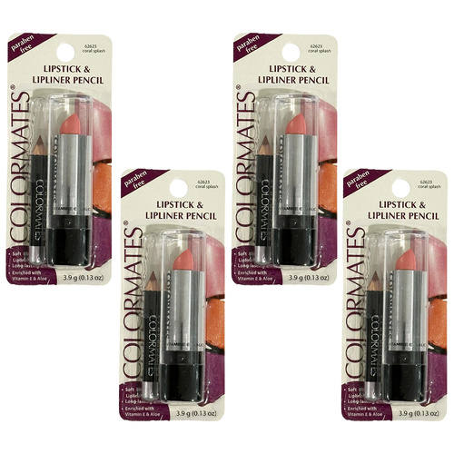 Colormates Long Lasting Lipstick & Lipliner Coral Splash Paraben Free Pack of 4