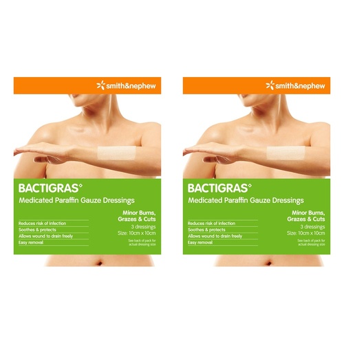 Bactigras Medicated Paraffin Gauze Dressings 10cm x 10cm 3 Pack Bundle of 2