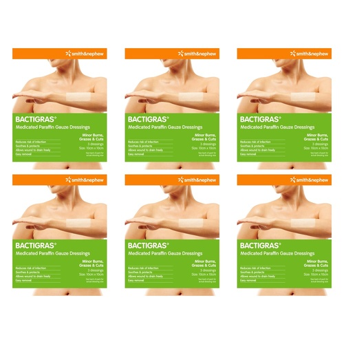 Bactigras Medicated Paraffin Gauze Dressings 10cm x 10cm 3 Pack Bundle of 6