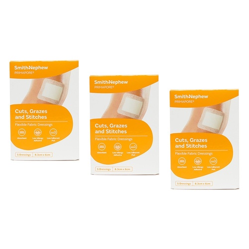 Primapore Flexible Fabric Dressing 8.3cm x 6cm 5 Dressings Pack of 3