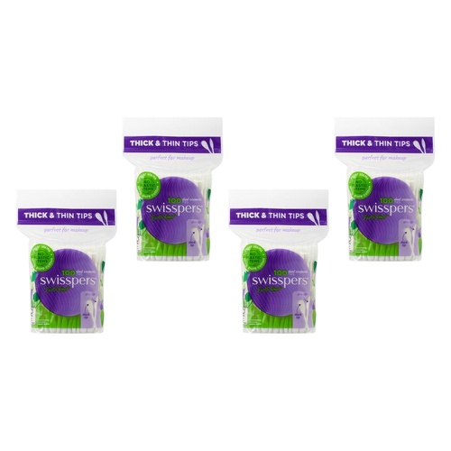 Swisspers Dual Cosmetic Tips Paper Stems 100 Pack Bundle of 4