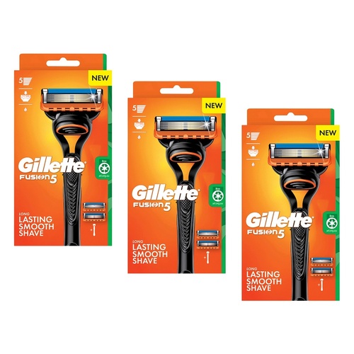 Gillette Fusion5 Razor Handle Plus 2 Cartridges 3 Piece Set Pack of 3