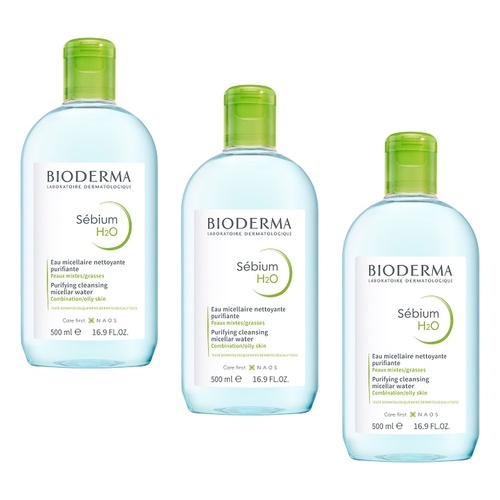 Bioderma Sébium H2O Purifying Micellar Water Cleanser 500mL Pack of 3