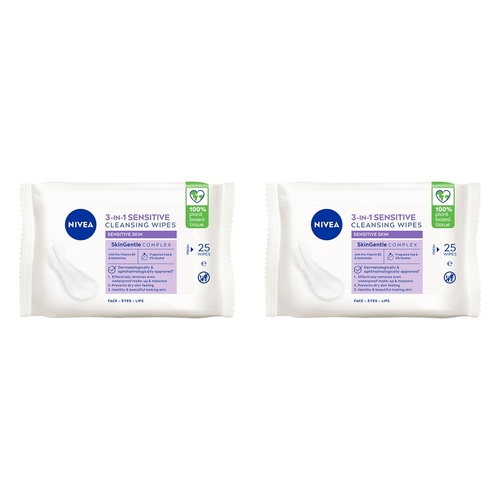 NIVEA 3-in-1 Sensitive Biodegradable Cleansing 25 Wipes Pack of 2