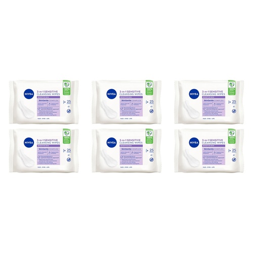 NIVEA 3-in-1 Sensitive Biodegradable Cleansing 25 Wipes Pack of 6