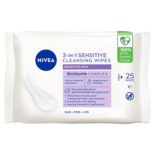 NIVEA 3-in-1 Sensitive Biodegradable Cleansing 25 Wipes