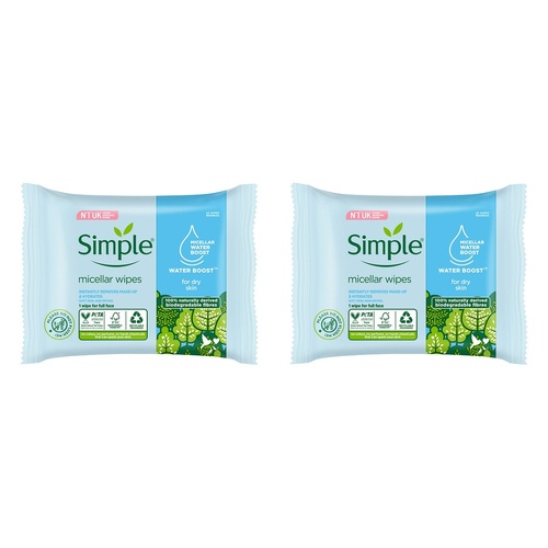 Simple Kind To Skin Micellar Biodegradable Facial Wipes 20 Wipes x 6 Bundle of 2