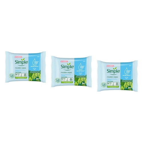 Simple Kind To Skin Micellar Biodegradable Facial Wipes 20 Wipes x 6 Bundle of 3