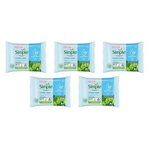 Simple Kind To Skin Micellar Biodegradable Facial Wipes 20 Wipes x 6 Bundle of 5