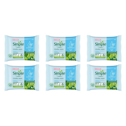 Simple Kind To Skin Micellar Biodegradable Facial Wipes 20 Wipes x 6 Bundle of 6