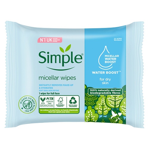 Simple Kind To Skin Micellar Biodegradable Facial Wipes 20 Wipes x 6