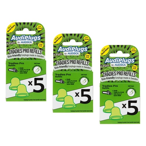 Audiplugs Tradies Pro Refills 5 Pairs Pack of 3