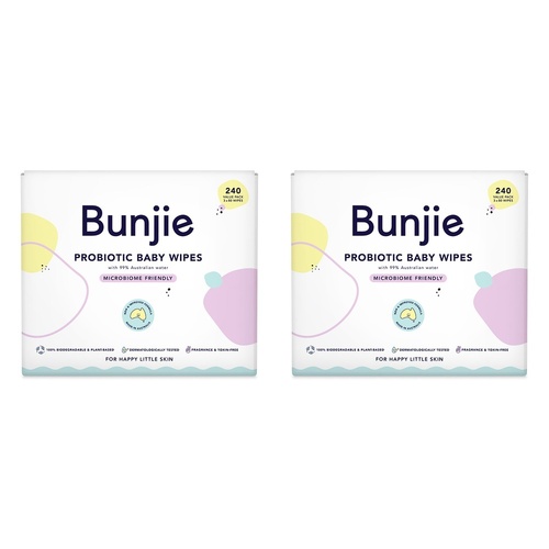Bunjie Probiotic Baby Wipes, Microbiome Friendly, 240 Wipes Pack of 2