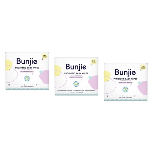 Bunjie Probiotic Baby Wipes, Microbiome Friendly, 240 Wipes Pack of 3