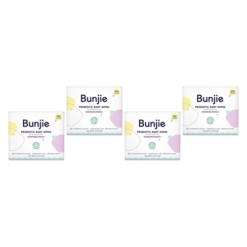 Bunjie Probiotic Baby Wipes, Microbiome Friendly, 240 Wipes Pack of 4