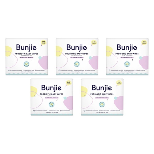 Bunjie Probiotic Baby Wipes, Microbiome Friendly, 240 Wipes Pack of 5