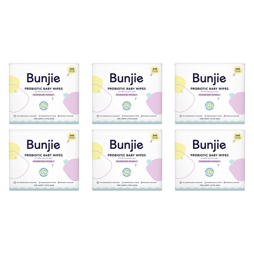 Bunjie Probiotic Baby Wipes, Microbiome Friendly, 240 Wipes Pack of 6