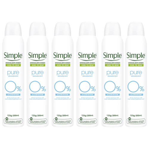 Simple Pure Deodorant Spray Aluminium Free 123g 200ml x 6 Value Pack
